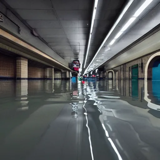 Image similar to photo of a subway station, the floor is flooded with one meter deep water. eerie, volumetric lighting