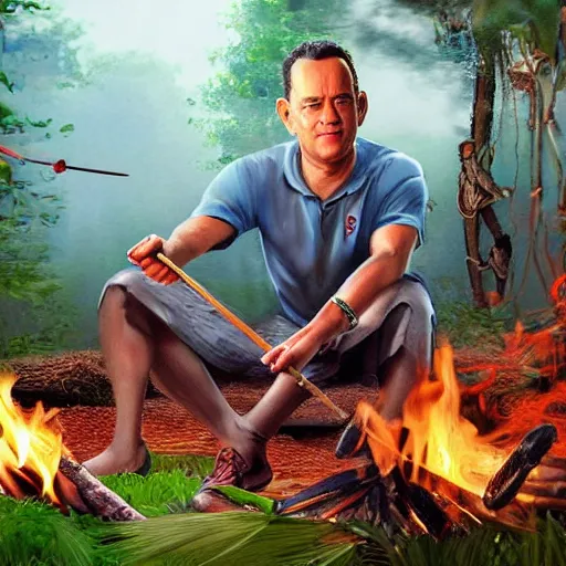 Image similar to tom hanks as forrest gump holding a giant shrimp skewer over a campfire in the jungle, amazing digital art, trending on artstation