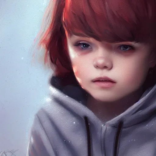 Image similar to a cute tiny girl with short red hair wearing a hoodie, digital art, very beautiful face, pretty face, very detailed eyes, full body illustration, 8 k resolution, soft painting, by greg rutkowski, wlop, rossdraws,