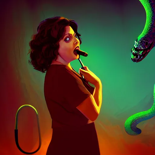 Image similar to rachel bloom singing about a ghost snake, fantasy horror, humorous, sharp focus, 8 k resolution, artstation