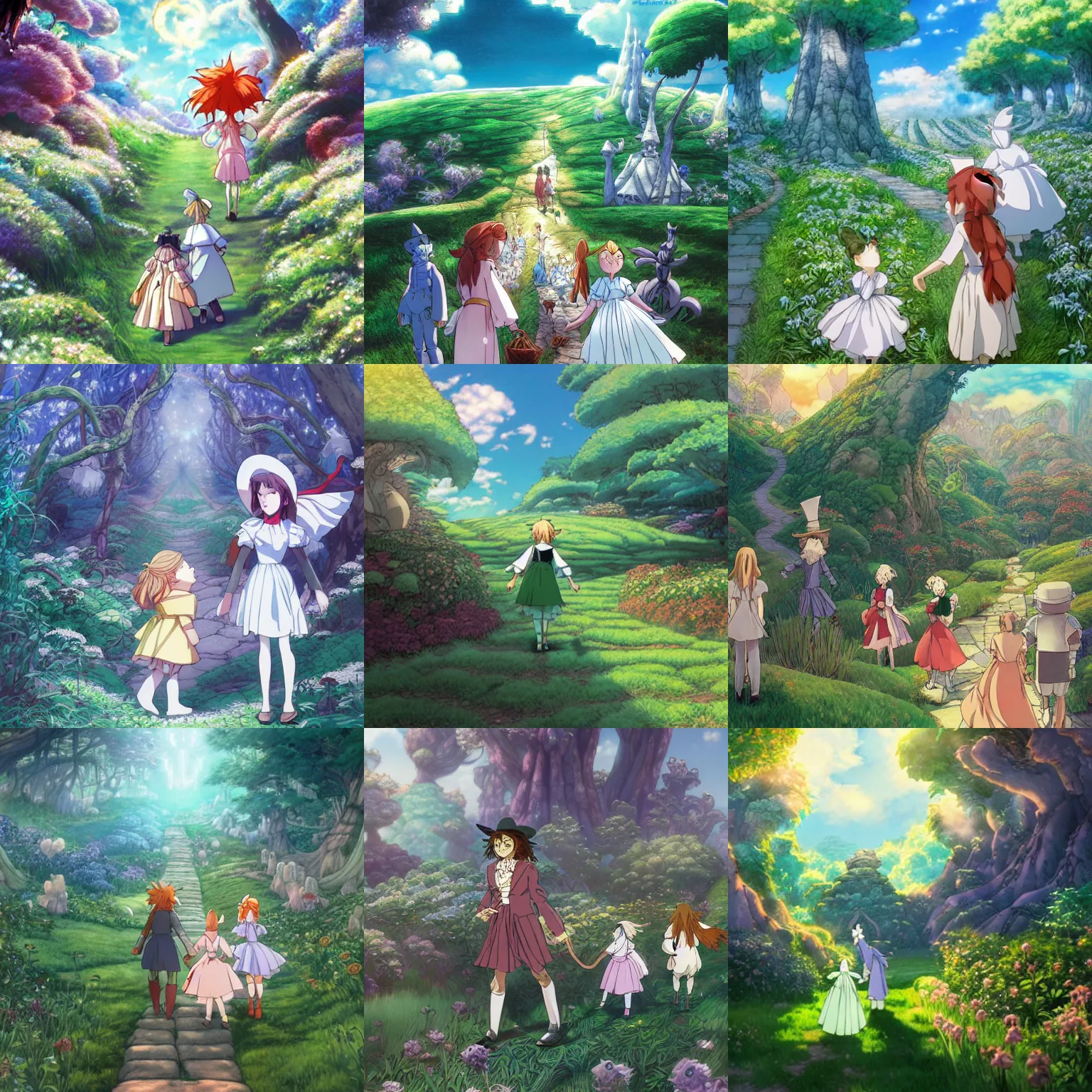 Prompt: The Wonderful Wizard of Oz/Alice's Adventures in Wonderland crossover, fantasy, highly detailed, artstation, concept art, official Kyoto Animation and Studio Ghibli anime screenshot, by Makoto Shinkai and Range Murata