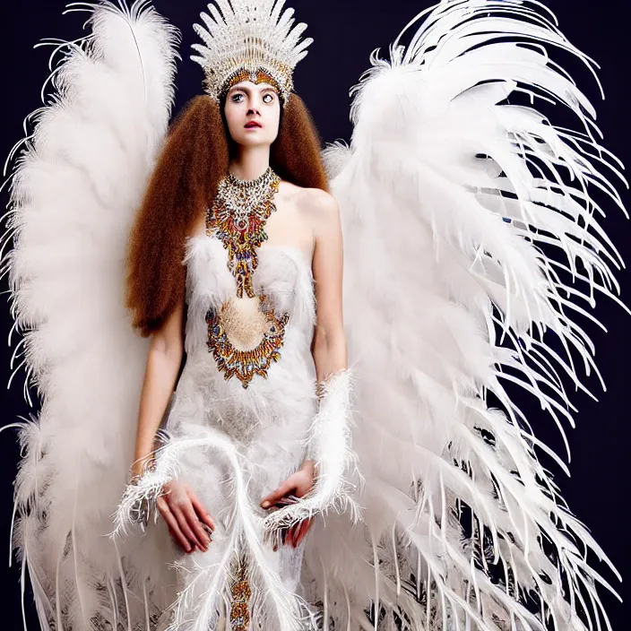 Image similar to photo portrait of a beautiful woman like a queen-feathers-angel, dressed in long elegant intricate ornamental roots white dress, natural skin tone, intricate mandelbrot fractal highly detailed feathers ornament in the upper side of breast, bust with a very long neck , hair are wired feathers, elegant, highly detailed intricate feathers ornament in her long hair, Realistic, Refined, Highly Detailed, natural outfoor lighting colors scheme, fine art photography by Lindsay Adler, volumetric lighting, hyper realistic photography, 8k