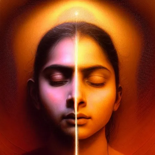 Image similar to perfectly - centered movie promotional poster - photograph of a young indian guy and a beautiful girl side profile faces symmetrical ; real life portrait by beksinski and jean delville, romantic theme, two lovers sharing one heart, unreal engine 5, photorealism, hd quality, 8 k resolution, cinema 4 d, hdr dramatic lighting ; symmetrical, cinematic, high coherence