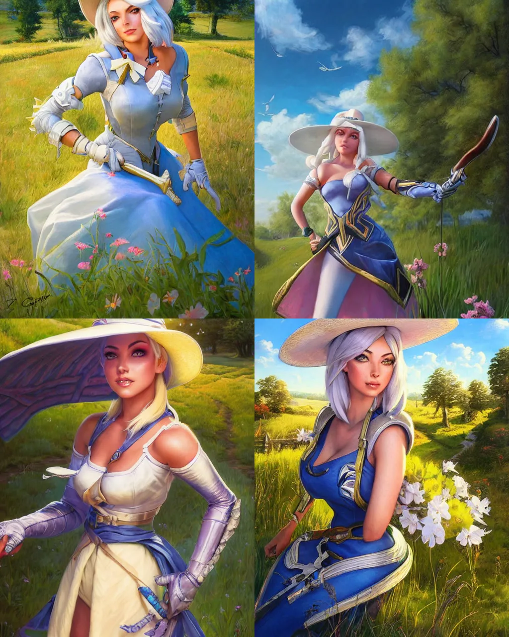 Prompt: portrait, ashe from overwatch wearing a beautiful summer dress in the countryside, by greg staples and jeff easley, beautiful scene, hyperrealistic, intricate, summer day, sunlight, cheerful, soft lighting, detailed