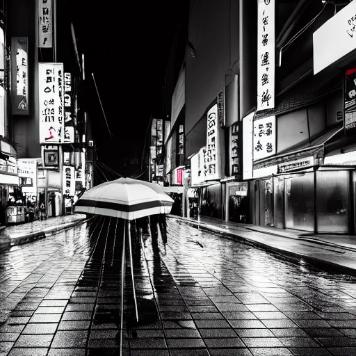 Image similar to moody 2 0 0 mm shot of an umbrella in a rainy tokyo night, neon lights,