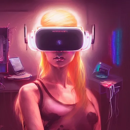 Image similar to portrait of a beautiful cybernetic raver girl wearing a oculus rift headset in a dirty japanese apartment, cyberpunk concept art by pete mohrbacher and artgerm and wlop and greg rutkowski, digital art, highly detailed, intricate, sci-fi, neon colors, sharp focus, Trending on Artstation HQ, deviantart, unreal engine 5, 4K UHD image