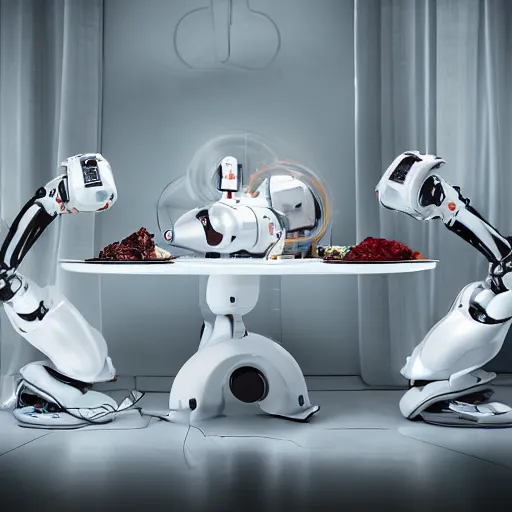 Prompt: three large white glossy kuka industrial robot arms on the floor around a dinner table full of food, the kuka industrial robot arms are wearing bow ties, they are having a dinner party inside a posh fine dining restaurant with retro modern furniture and decor, global illumination, artstation, fantasy, volumetric light