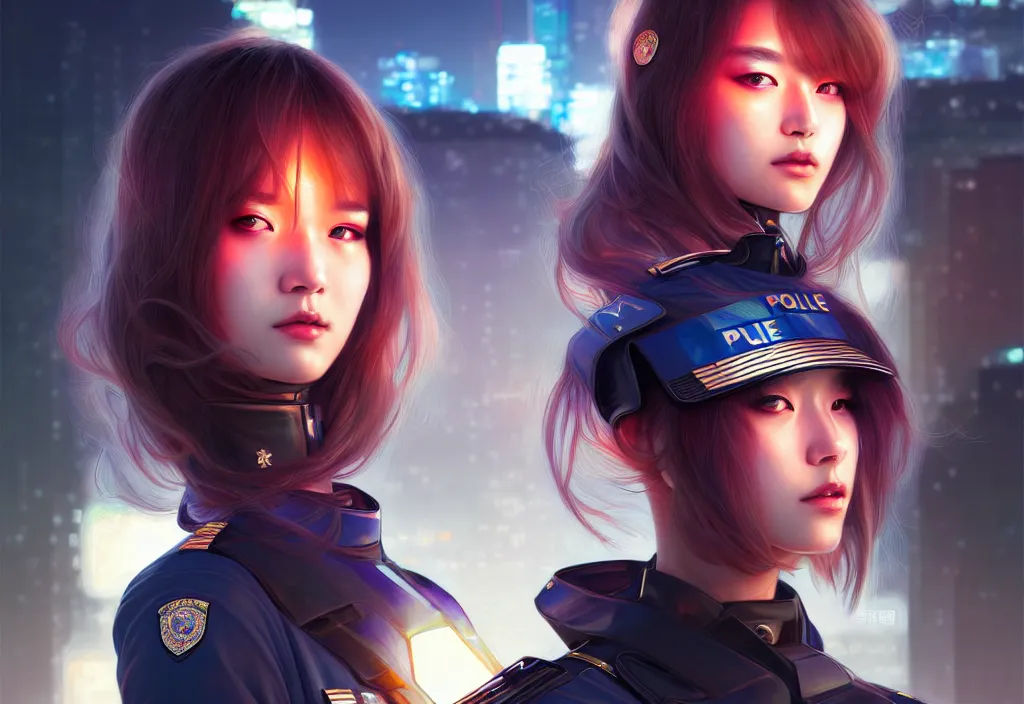 Prompt: portrait futuristic police uniform girl, at future neon light tokyo rooftop night, ssci - fi and fantasy, intricate and very very beautiful and elegant, highly detailed, digital painting, artstation, concept art, smooth and sharp focus, illustration, art by tan zi and ayanamikodon and alphonse mucha and wlop