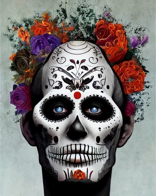 Image similar to dia de los muertos hombre theme surrealist art in the styles of igor morski, jim warren, and a tim burton film, intricate, hyperrealistic, accurate facial details, profile picture with chromakey!!!!! background, volumetric lighting