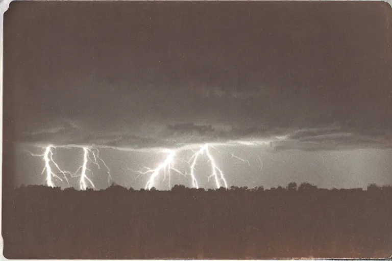 Image similar to dark old polaroid of an lightning strike hitting a corn field during a thunderstorm, pictorialism, desolate