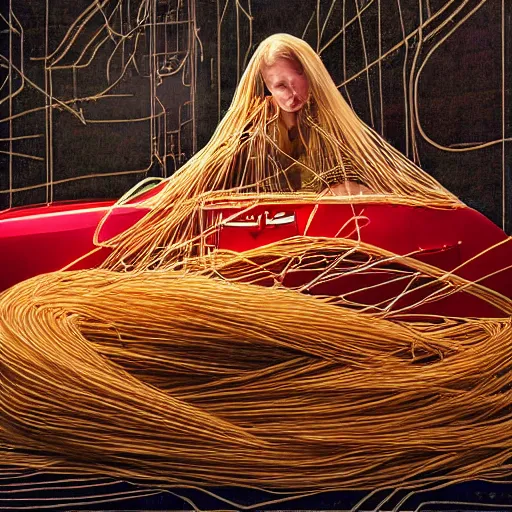 Image similar to tesla made of spaghetti, photo, high resolution, realistic, sharp, direct flash, color film photography, extremely detailed,