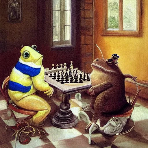 Prompt: toads drinking tea and playing chess. Painting of toads wearing sweaters by James Gurney.