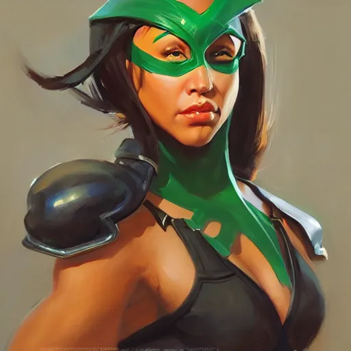 Prompt: greg manchess portrait painting of jade from mortal kombat as overwatch character, medium shot, asymmetrical, profile picture, organic painting, sunny day, matte painting, bold shapes, hard edges, street art, trending on artstation, by huang guangjian and gil elvgren and sachin teng