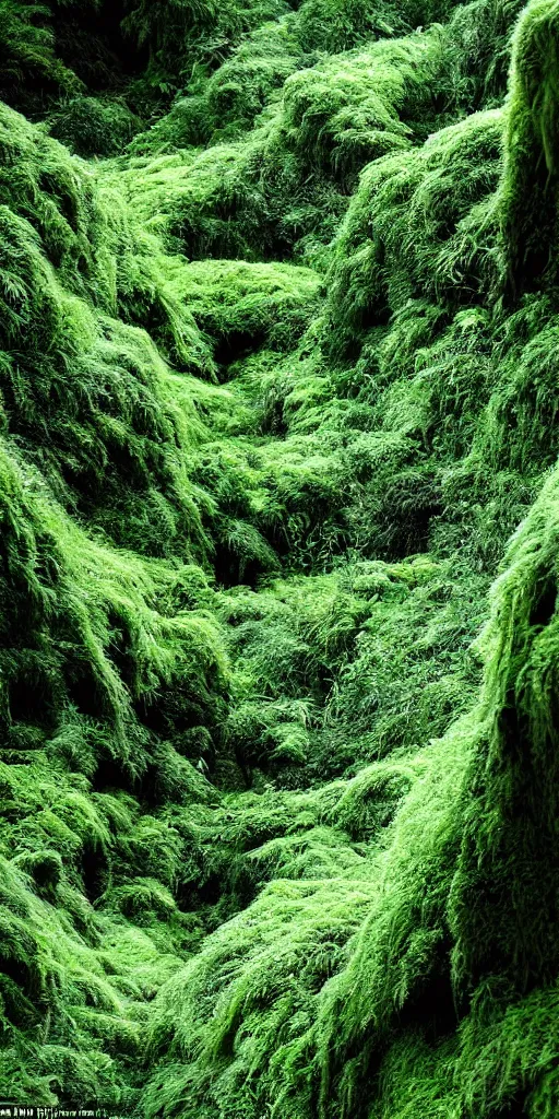 Image similar to a fertile, lush mossy canyon, ferns, minimalist structure, covered in ice, in the style of reuben wu, roger deakins