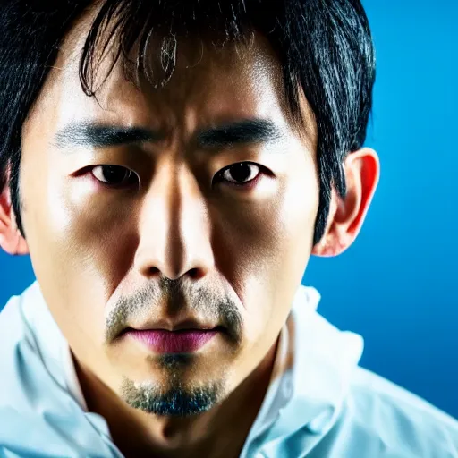 Image similar to a close up photographic portrait of a handsome japanese actor wearing wet weather gear looking worried taken by annie leibowitz. cinematic lighting, blue background colour, 5 0 mm, subsurface scatter, sci fi.