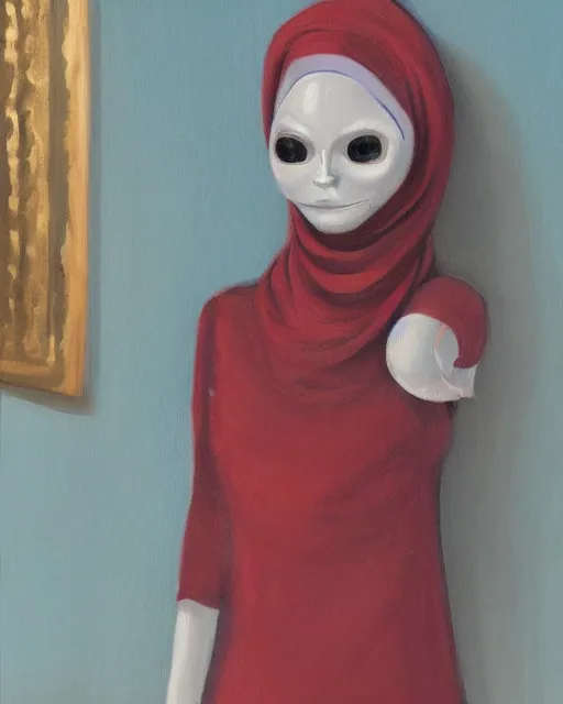 Prompt: a female robot wearing a hijab in the mosque, oil painting