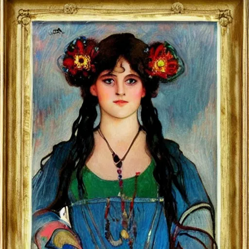 Prompt: gypsy girl, dark hair, jugendstil