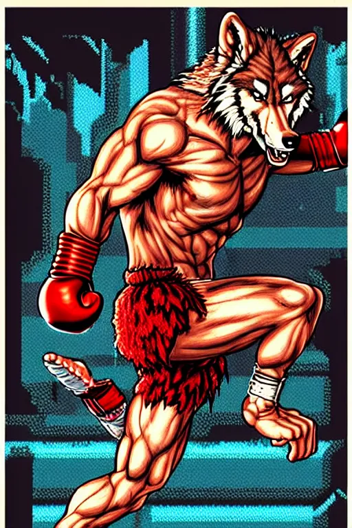 Image similar to extreme long shot. 8 bit nes graphics. antropomorphic muscular masculine wolf. kickboxer fighter, in shorts. wolf head. fine details, very sharp, art from nes game cartridge, 8 0's, vhs artefacts, vaporwave style, marc simonetti and hermann nitsch.