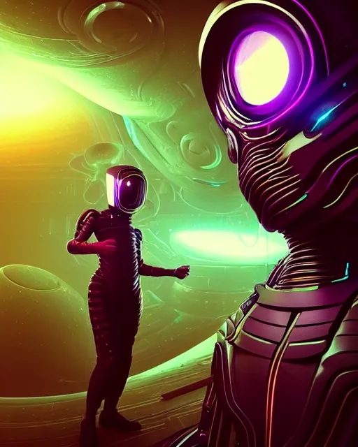 Prompt: close offset portrait with subject in bottom right corner looking at viewer. giving a thumbs up to the camera. smartphone photo. instagram. interdimensional cosmic traveler takes a selfie in front of a bizarre exotic anomaly. futuristic alien smooth exosuit designed by. octane cg render, hdr, volumetric. artgerm, beeple.