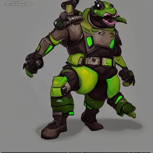 Prompt: geico gecko overwatch hero concept design, trending on artstation