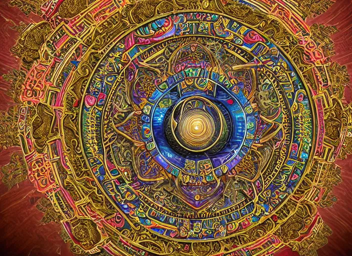 Image similar to hyperrealism, detailed textures, photorealistic 3 d render, a coloured beautiful tibetan kalachakra mandala, sanskrit aum, ultra realistic, ultra high pixel detail, cinematic, intricate, cinematic light, concept art, illustration, art station, unreal engine 8 k