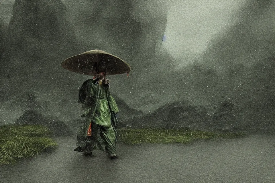 Image similar to ronin dressed in detailed green kimono and Japanese hat walking through a storm, realistic detailed Japanese village, detailed mountain, octane renderer, stormy weather, atmospheric establishing shot, rain, twilight, in the style of Akira Kurosawa, film grain, cinematic render, environment art trending on ArtStation, 4k,