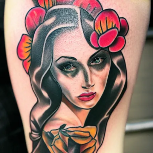 Image similar to full body tattooed woman. The tattoo is Jonah Hill. Human female subject of photo. Tattoo by Kat Von D. Tattoo by Amy Nicoletto. 4k photo