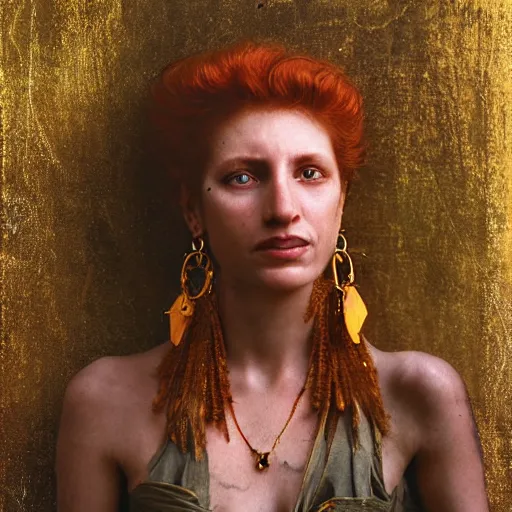 Prompt: Extremely detailed photo realistic matte portrait painting of winking Century Barbary Coast pirate Woman with Ginger hair and Golden hooped earrings photography by Annie Leibovitz, and Steve McCurry