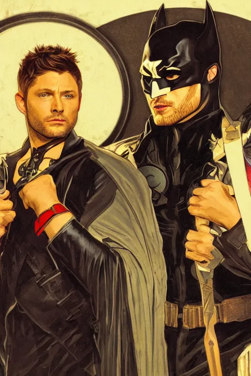 Prompt: a detailed matte portrait of jensen ackles dressed as batman and misha collins dressed as robin, masterpiece, 8 k, art by alphonse mucha and greg rutkowski