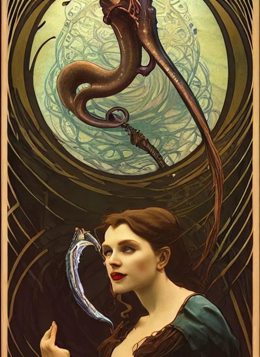 Prompt: portrait of a vampire!!!! with a sea lamprey!!!! mouth!!!, in the styles of ( national geographic ), ( ( ( ( alphonse mucha ) ) ) ), jim warren, peter mohrbacher, gerald brom, and marc simonetti, intricate, hyperrealistic, volumetric lighting
