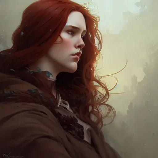 Image similar to A full portrait of Nordic female, 30 years old, brown red long hair, intricate, elegant, highly detailed, digital painting, artstation, concept art, smooth, sharp focus, illustration, art by Krenz Cushart and Artem Demura and alphonse mucha