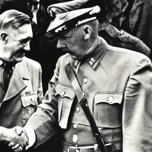 Image similar to donald trump and adolf hitler shaking hands, photography, hyper realism, germany, ww2, 8k,