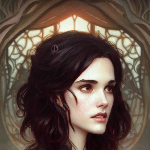 Prompt: beautiful young winona ryder, closeup, d & d, fantasy, intricate, elegant, highly detailed, digital painting, artstation, concept art, matte, sharp focus, illustration, art by artgerm and greg rutkowski and alphonse mucha