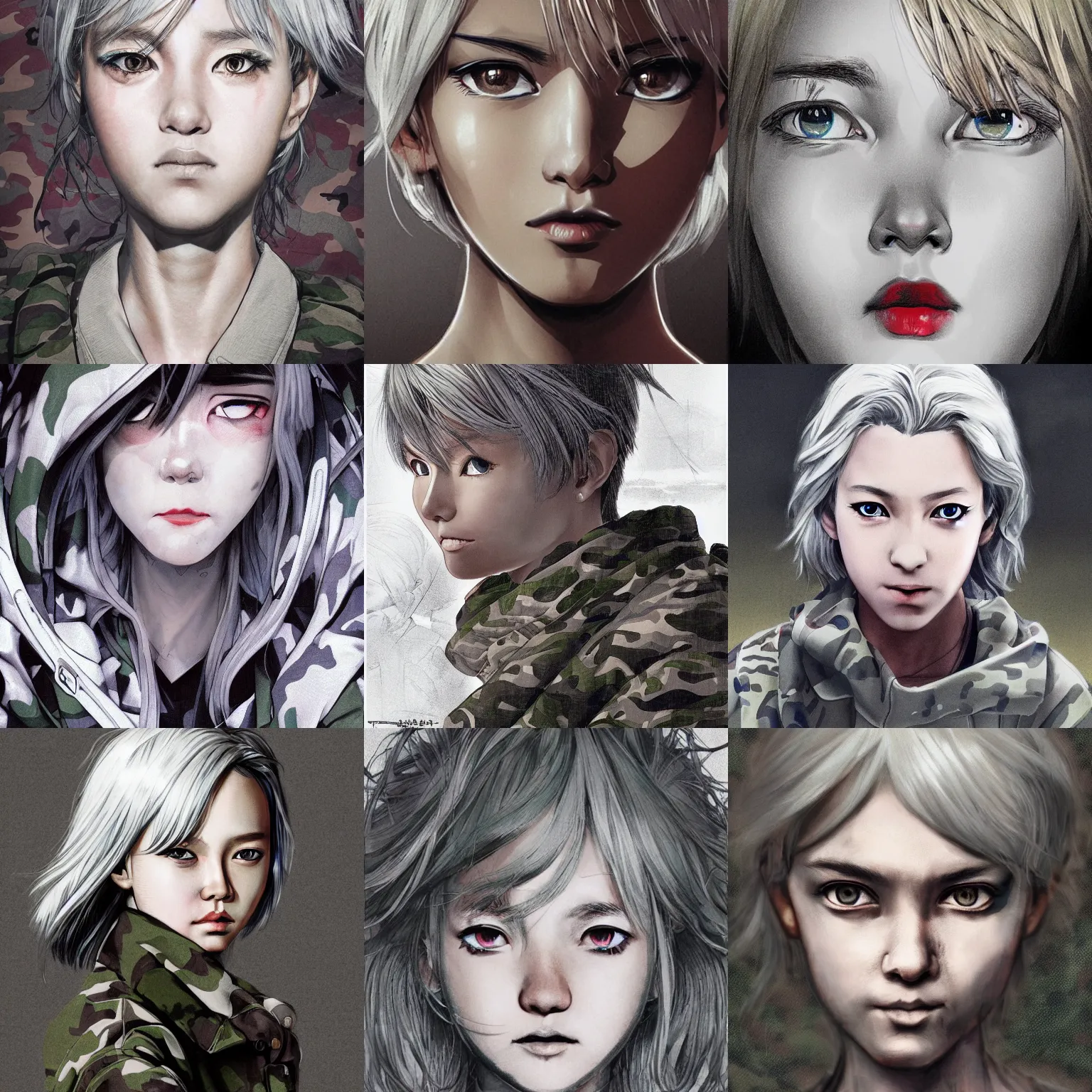 Prompt: silver hair girl ruby eyes, multicam camo, cinematic portrait, ilustration by Takehiko Inoue