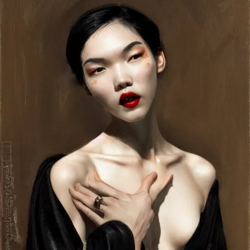 Image similar to detailed cinematic wide shot of beautiful attractive tao okamoto asian vampire woman wearing black bath robe slim face symettrical face clean skin black eyes black robe smooth, sharp focus, ultra realistic, spring light, painting by gaston bussiere, craig mullins, j. c. leyendecker