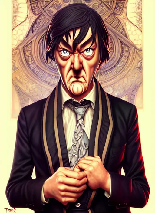 Image similar to lovecraftian portrait of grumpy stephen fry, anime style, by tristan eaton stanley artgerm and tom bagshaw