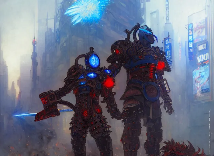 Image similar to two man viking cape evangelion cyborg blue armor sword of fire fighting in cyberpunk tokyo city with explosion by gaston bussiere, anna nikonova aka newmilky, greg rutkowski, yoji shinkawa, yoshitaka amano, tsutomu nihei, muira, moebius, donato giancola, trending on artstation, featured on pixiv