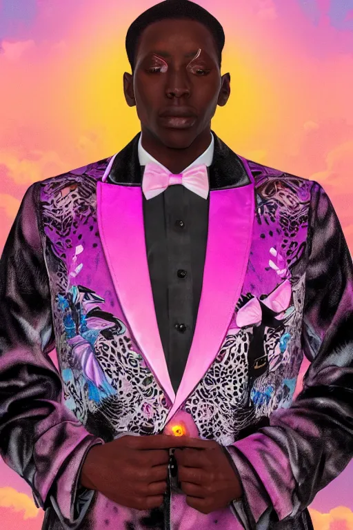 Image similar to Ethereal safari landscape with a pink rainbow sky under a god moonstone, black leather and embroidered Lolita dapper tuxedo in velvet, rich color, dramatic cinematic lighting, featured on Artstation, extremely detailed by Lisa Frank