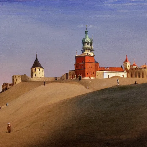 Image similar to painting of Cracow Wawel castle buried in the sands of a vast desert, most of the castle is covered in sand, beautiful lighting, detailed, realistic