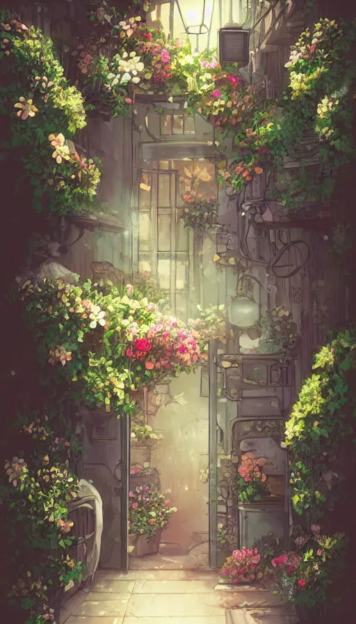 Image similar to a little flower shop's front gate, nostalgic, fresh digital illustrati on, dramatic lighting, pixiv, detailed textures