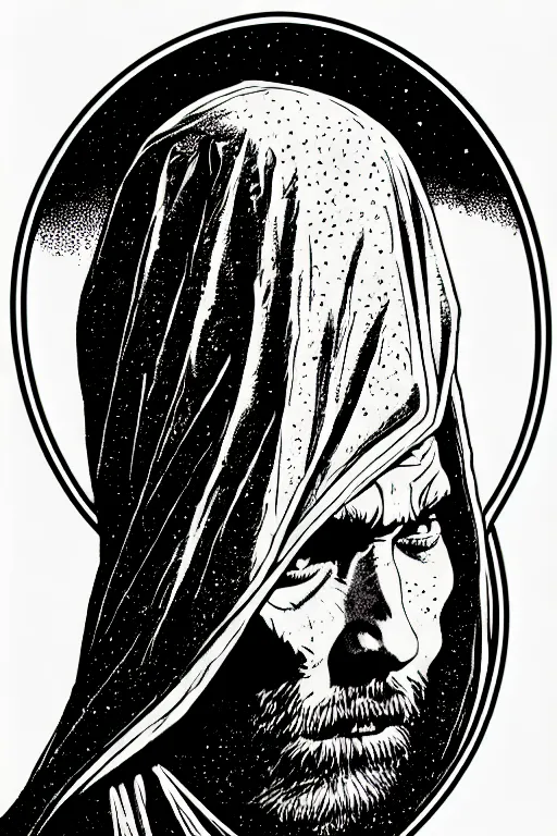 Prompt: wizard in a hooded cloak gazing into a crystal ball, high details, intricately detailed, by vincent di fate, inking, 3 color screen print, masterpiece, trending on artstation, side profile, sharp, details, hyper - detailed, hd, 4 k, 8 k