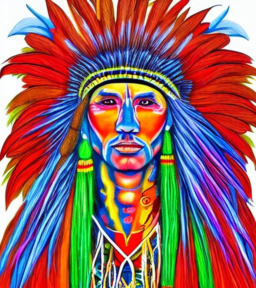 Image similar to Portrait painting in a style of Alex Grey of a shaman dressed in a colorful traditional clothes.