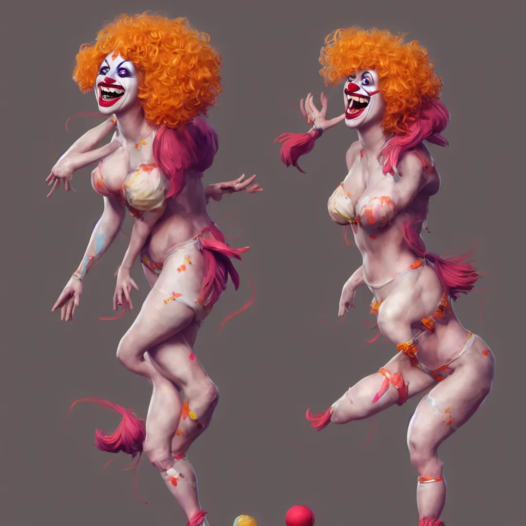 Prompt: a beautiful female clown laughing, full - body and head view, highly detailed, zeronis style, artstation, soft light, sharp focus, illustration, character design, concept art