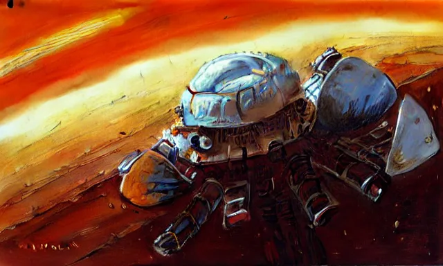 Image similar to digital painting of a spaceship in the orbit of mars by john berkey