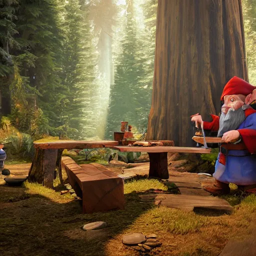 Prompt: a alchemist gnome buffing his gnome allies in a redwood forest, unreal engine, octane render, realistic, matte painting, masterpiece