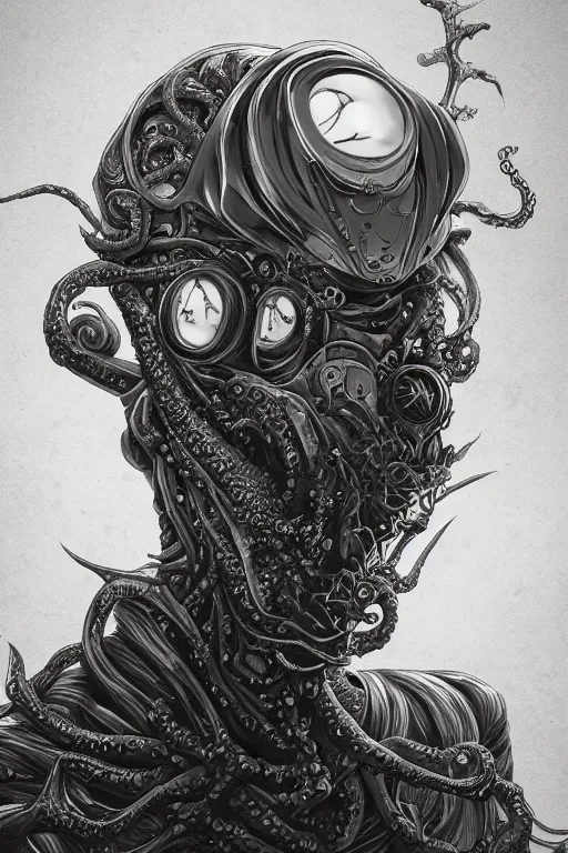 Prompt: rick and morty fused with lovecraft and vader helmet predator tentacle beard, realistic portrait, high details, intricate details, by vincent di fate, artgerm julie bell beeple, 90s, Smooth gradients, octane render, 8k, volumetric lightning, photo, High contrast, duo tone, depth of field, very coherent symmetrical artwork