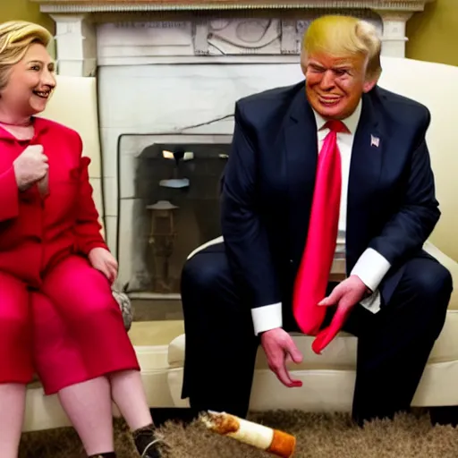 Image similar to donald trump smokes a fat doobie with hillary clinton on a torn up old couch