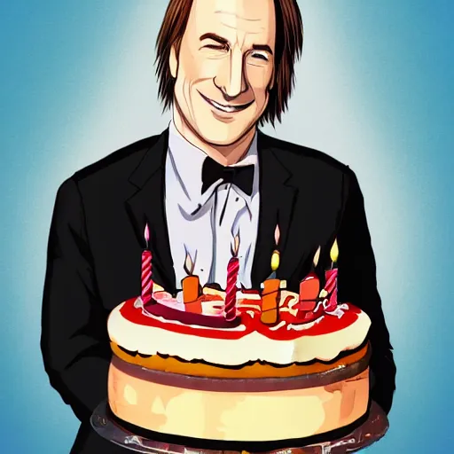 Image similar to bob odenkirk, smiling, holding a birthday cake, anime art, trending on artstation