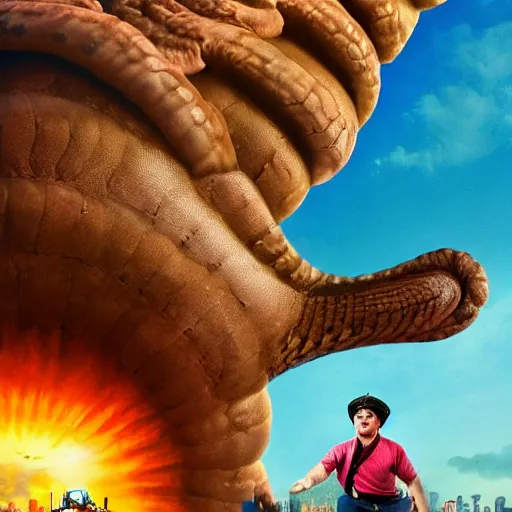 Image similar to a man riding a giant slug, movie poster