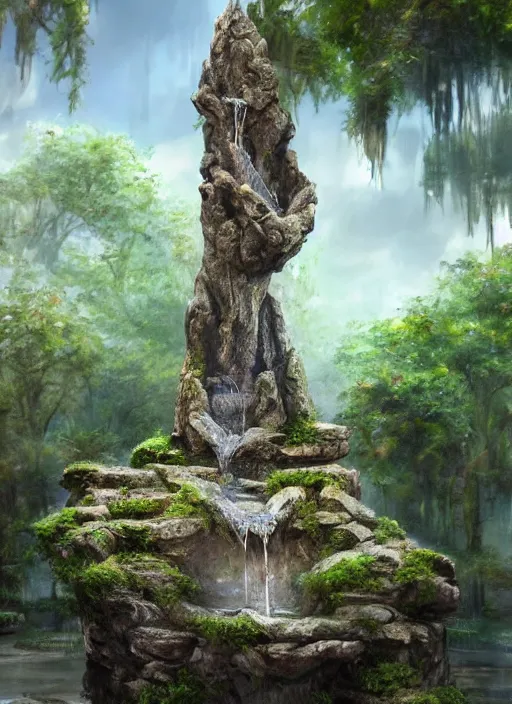 Image similar to a water fountain made out of a tree, concept art by Doug Chiang cinematic, realistic painting, high definition, digital art, symmetrical, very detailed, extremely high detail, photo realistic, concept art, unreal engine 5,